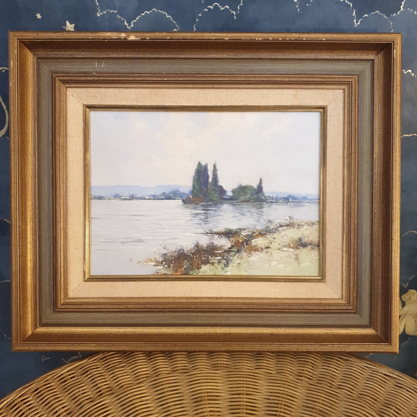 Tableau bord de rivière. Huile sur panneau