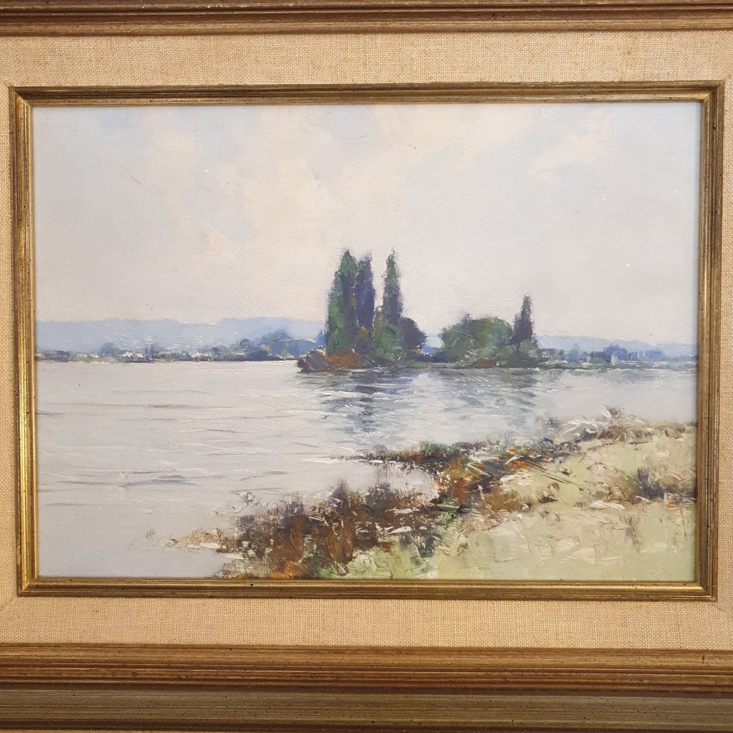 Tableau bord de rivière. Huile sur panneau