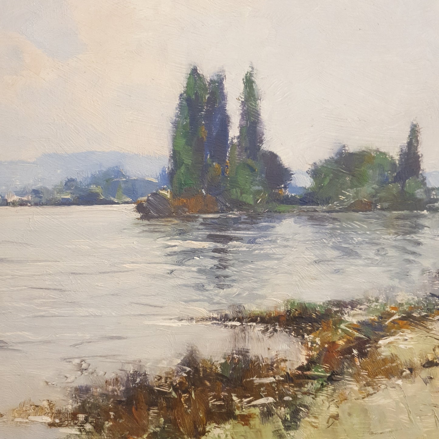 Tableau bord de rivière. Huile sur panneau
