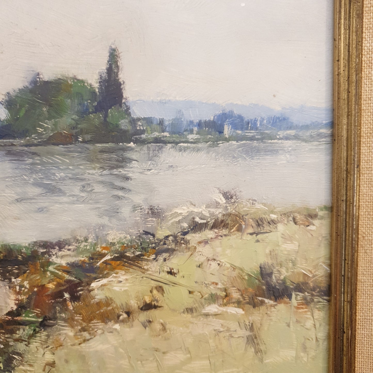 Tableau bord de rivière. Huile sur panneau