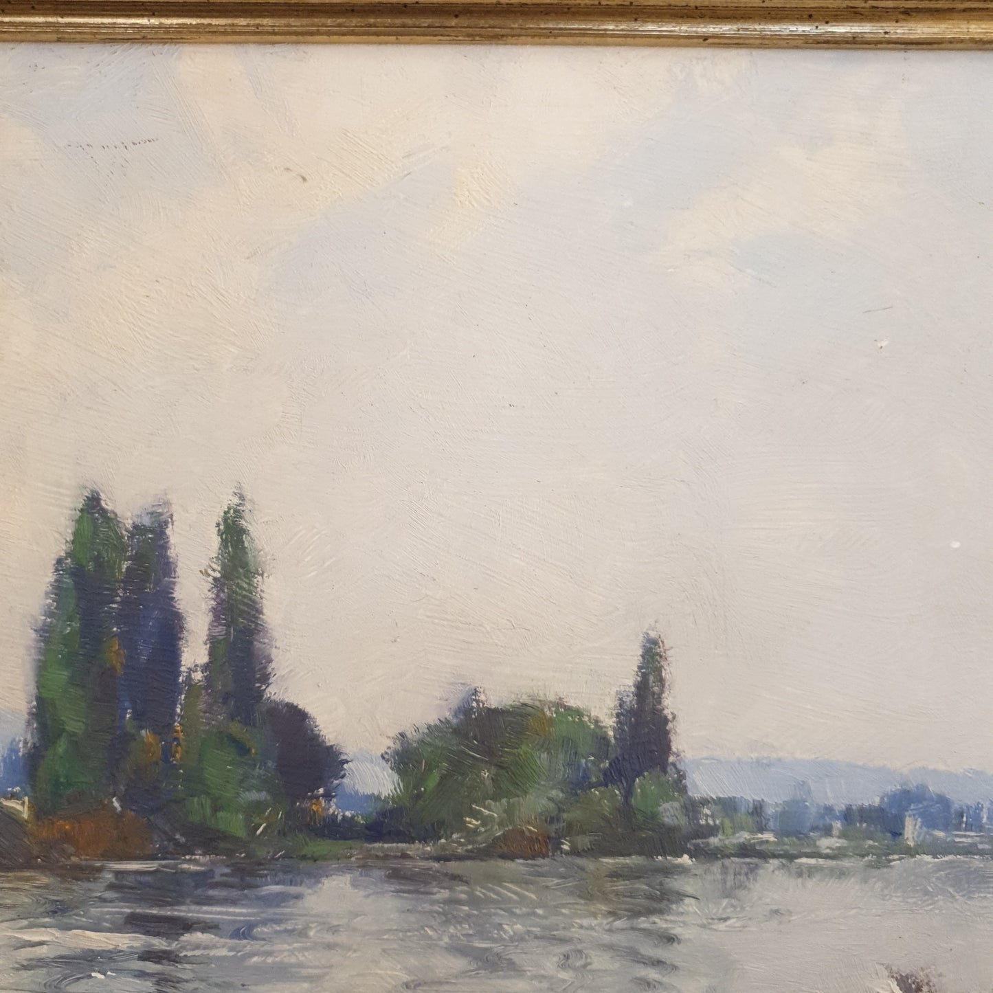 Tableau bord de rivière. Huile sur panneau